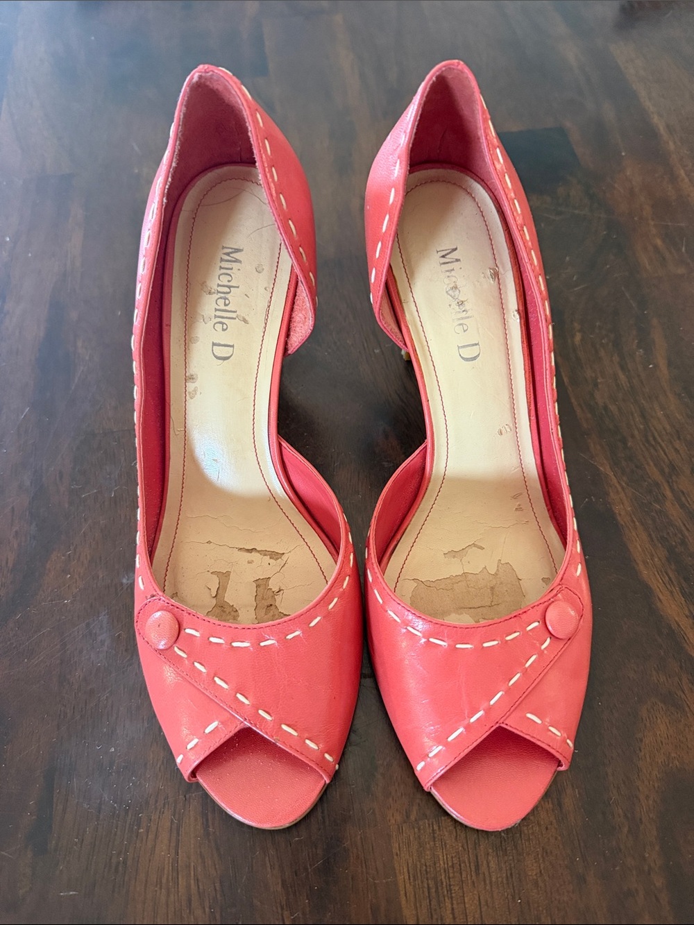 Michelle D | Retro Peep Toe and Contrast Stitching Heels with Button Detail
